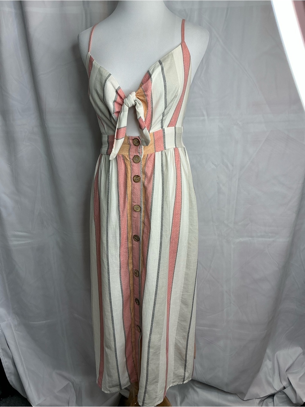2355 - Japna 100% Cotton Striped Cutout Sundress Button Front Midi Small - Picture 2 of 12